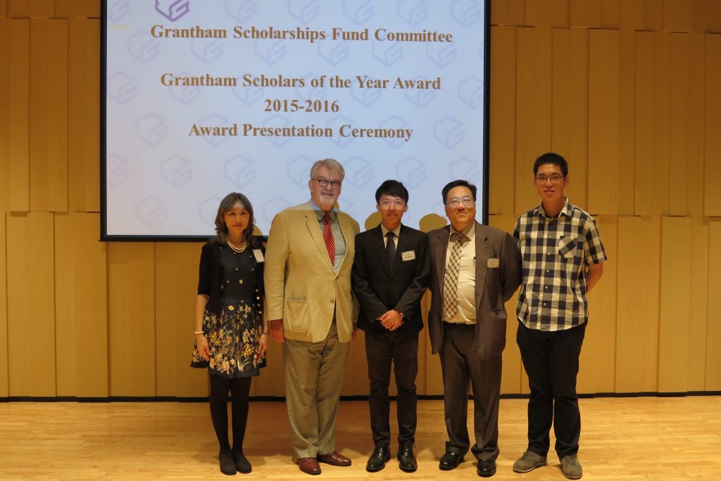 Our principal Mr Wang (second from right), Career Mistress Mrs Tam (first from left), our mentor Mr Wolfendale (second from left),and his peer Herman Wan (first from right) sharing Sunny’s joy at the Award Ceremony.