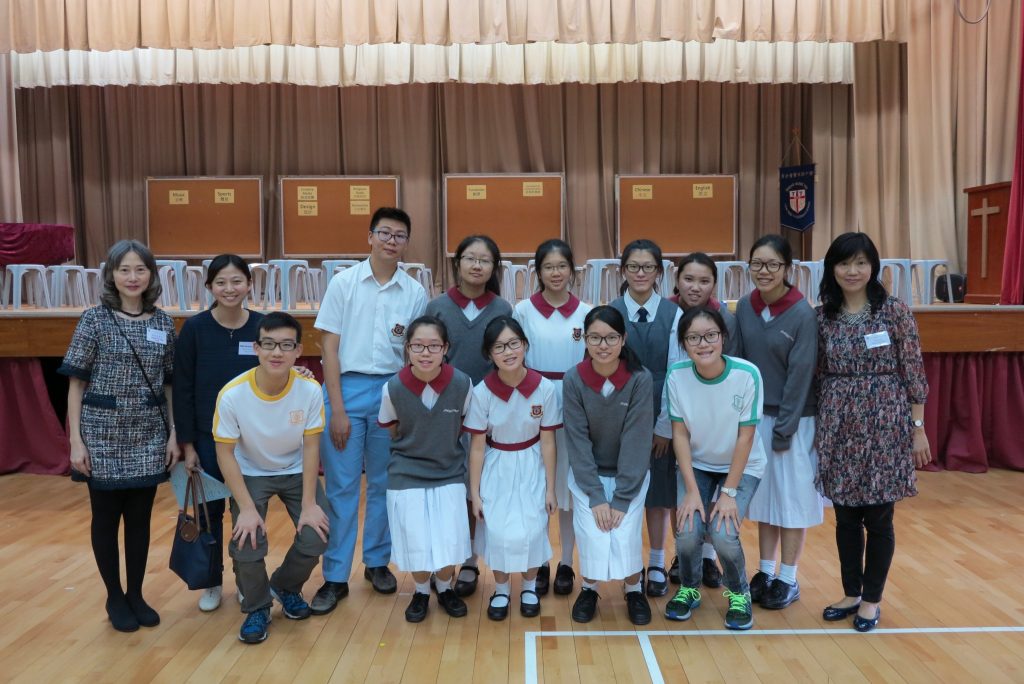 Teacher and students from Christian Alliance S C Chan Memorial College with Career Mistress Mrs Tam (first from left) and Career Teacher Ms. Wong Wai Shan (first from right).